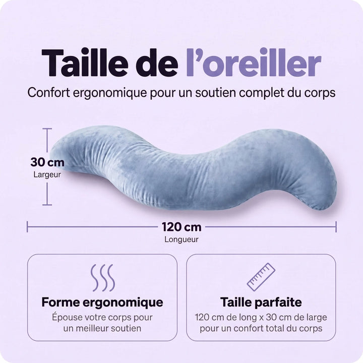 Oreiller en S bleu avec cotes de longueur et de largeur indiquées sur fond lavande 5