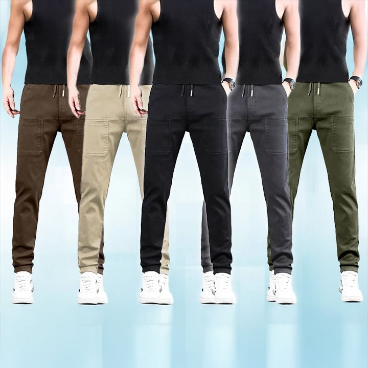 Cinq hommes alignés en débardeur noir montrent le pantalon en marron, beige, noir, gris anthracite et vert kaki 23