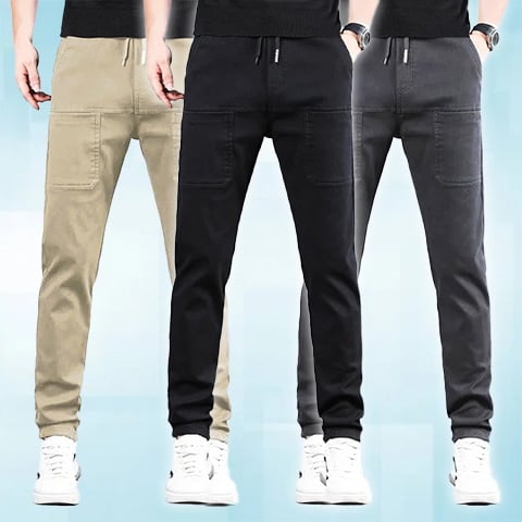 Trois hommes portent le pantalon en beige, noir et gris foncé, avec cordon de serrage à la taille 24
