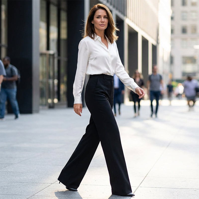 Femme marchant en ville, pantalon noir taille haute et jambe large associé à une chemise blanche et des escarpins noirs. 9