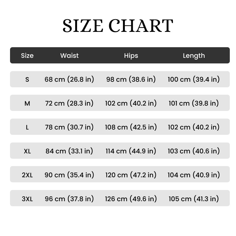 Tableau des tailles S à 3XL indiquant tour de taille, tour de hanches et longueur en centimètres et en pouces. 16