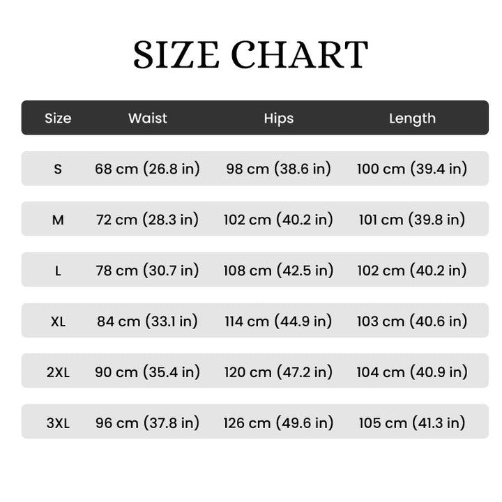 Tableau des tailles S à 3XL indiquant tour de taille, tour de hanches et longueur en centimètres et en pouces. 16