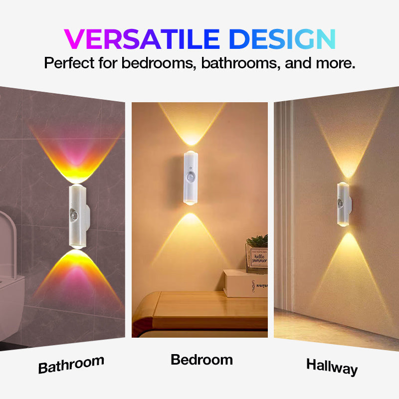 Trois ambiances de la lampe murale: salle de bain en lumière colorée, chambre et couloir en lumière chaude 14