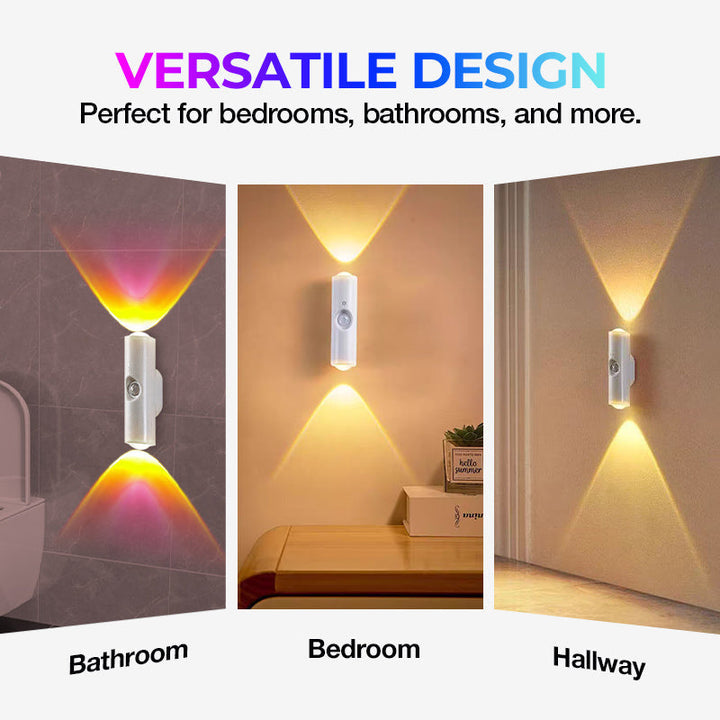 Trois ambiances de la lampe murale: salle de bain en lumière colorée, chambre et couloir en lumière chaude 14