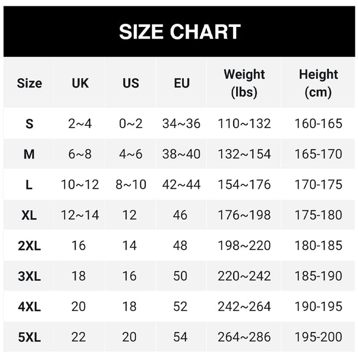 Tableau de correspondance des tailles S à 5XL avec équivalences UK, US et EU, poids et taille du corps. 12