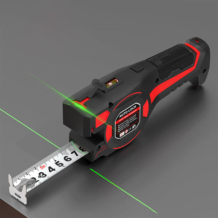 Mètre ruban rouge et noir, ruban sorti, projetant des lignes laser vertes sur une surface grise 1