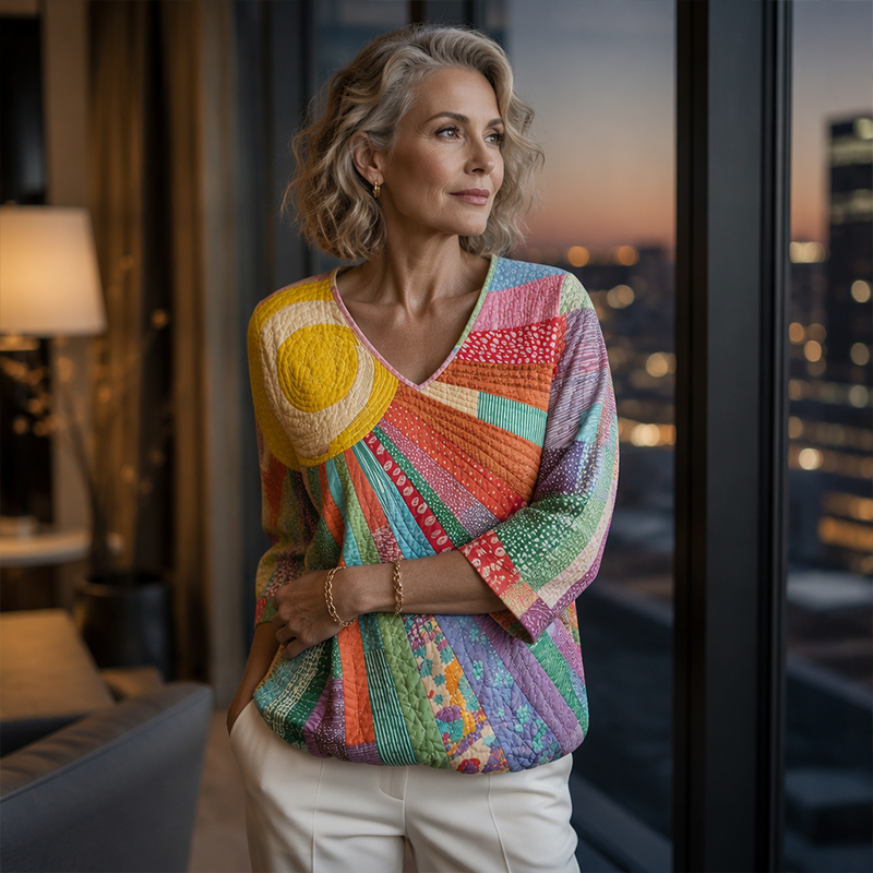 Femme mûre aux cheveux ondulés portant la blouse multicolore avec un pantalon blanc, debout devant une baie vitrée et une ville au crépuscule. 7