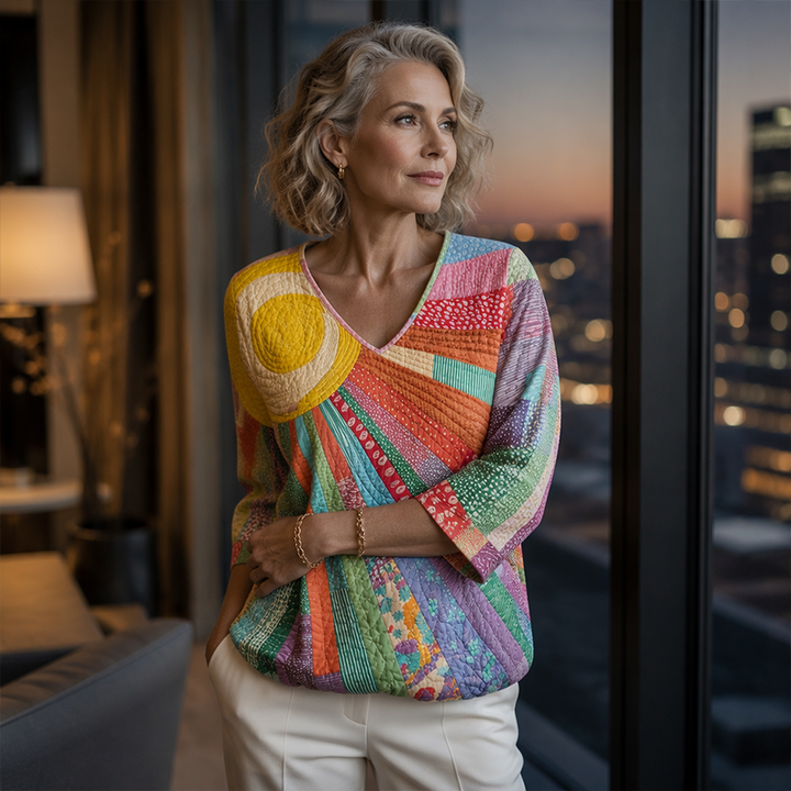 Femme mûre aux cheveux ondulés portant la blouse multicolore avec un pantalon blanc, debout devant une baie vitrée et une ville au crépuscule. 7