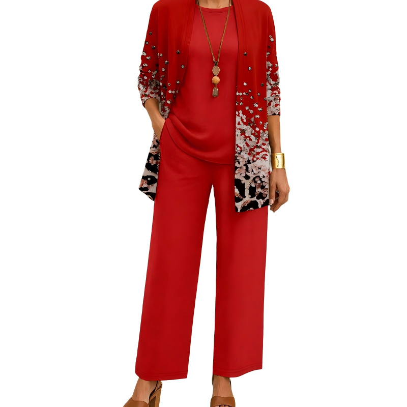 Version rouge, cardigan long à motif dégradé de petits éclats blancs et noirs, haut uni et pantalon large assorti. 5