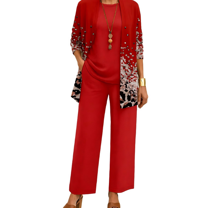 Version rouge, cardigan long à motif dégradé de petits éclats blancs et noirs, haut uni et pantalon large assorti. 5