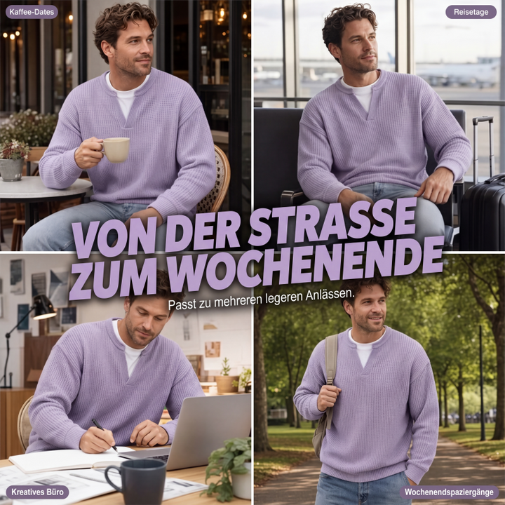 Montage de quatre scènes : café, voyage, travail au bureau et promenade, avec le même haut en maille lilas. 7