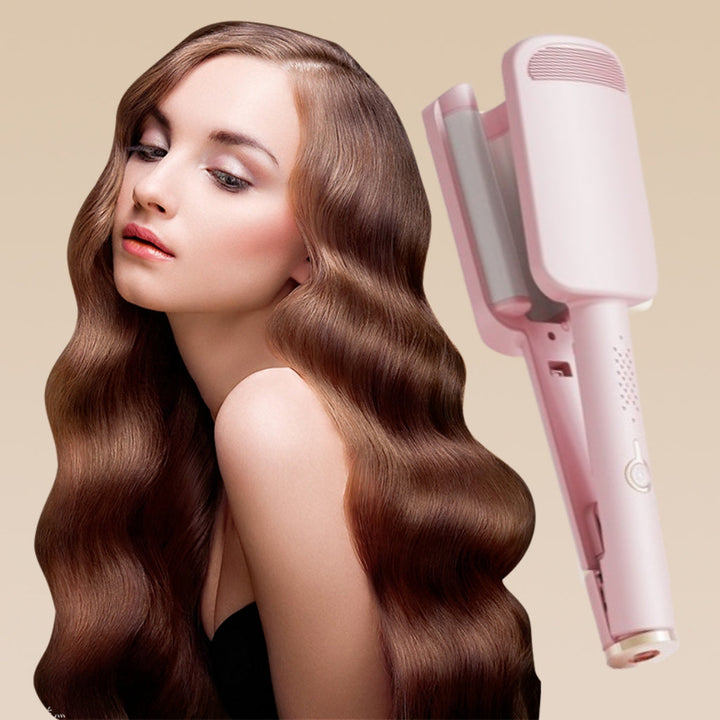 Femme de profil aux longs cheveux ondulés châtain brillant, avec un fer à onduler rose à côté 7