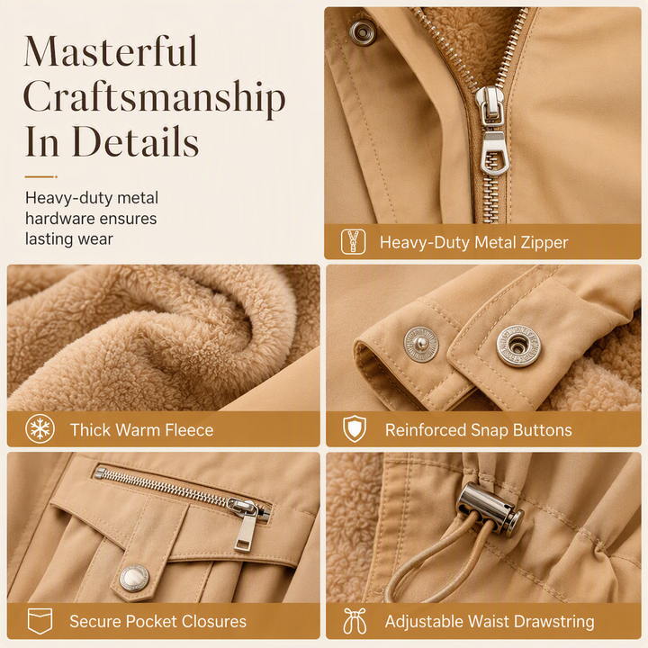 Six gros plans de la parka camel : fermeture métallique, doublure polaire, pressions, poche zippée et cordon de taille 5
