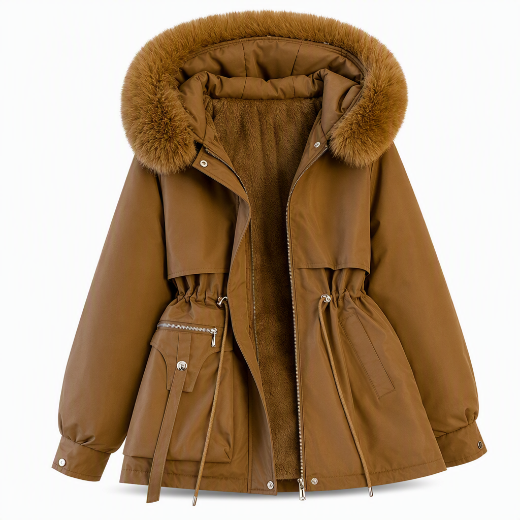 Parka marron à capuche bordée de fausse fourrure, ouverte sur la doublure polaire, cordon de taille visible, sur fond blanc 11