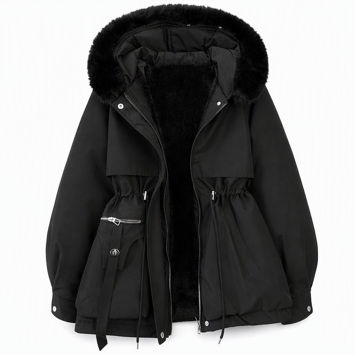 Parka noire à capuche bordée de fausse fourrure, ouverte sur la doublure polaire noire, sur fond blanc 9