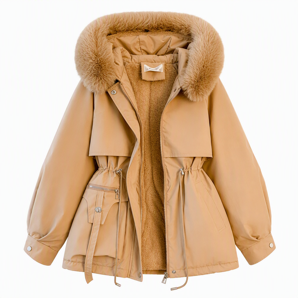 Parka camel à capuche bordée de fausse fourrure, ouverte sur la doublure polaire assortie, sur fond blanc 10