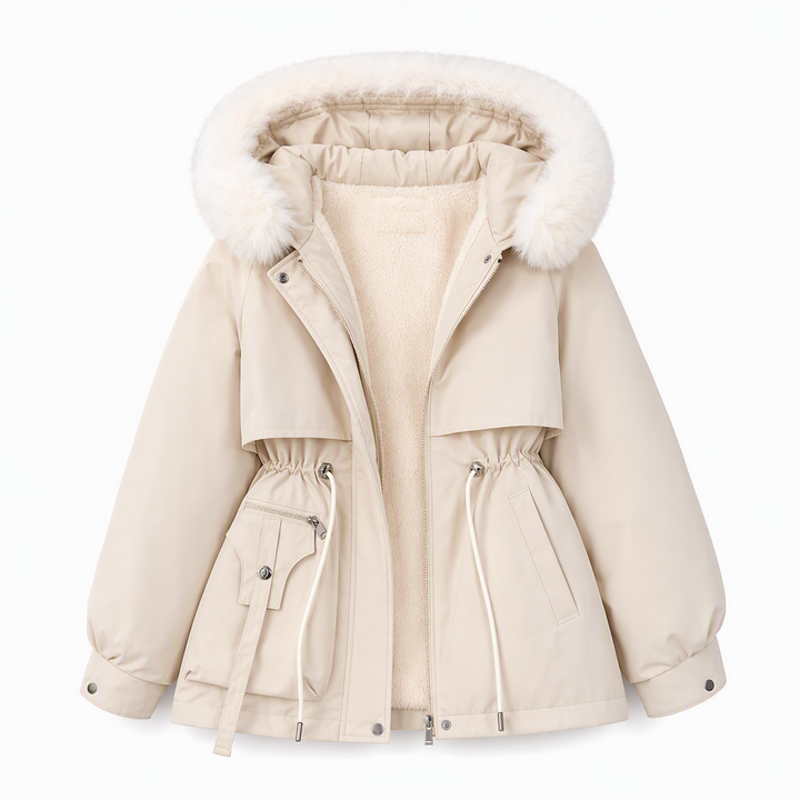 Parka beige à capuche bordée de fausse fourrure blanche, ouverte sur la doublure polaire, sur fond blanc 8