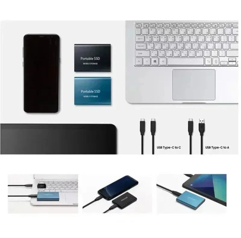 Vue à plat du disque avec un smartphone, un ordinateur portable, une tablette et deux câbles USB, plus trois exemples de branchement. 3