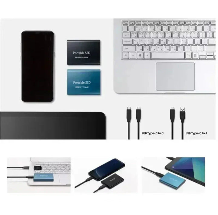Vue à plat du disque avec un smartphone, un ordinateur portable, une tablette et deux câbles USB, plus trois exemples de branchement. 3