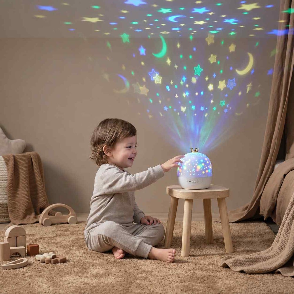 Version lumineuse de la scène avec le tout-petit, la veilleuse sur le tabouret et les motifs colorés projetés sur le mur 4