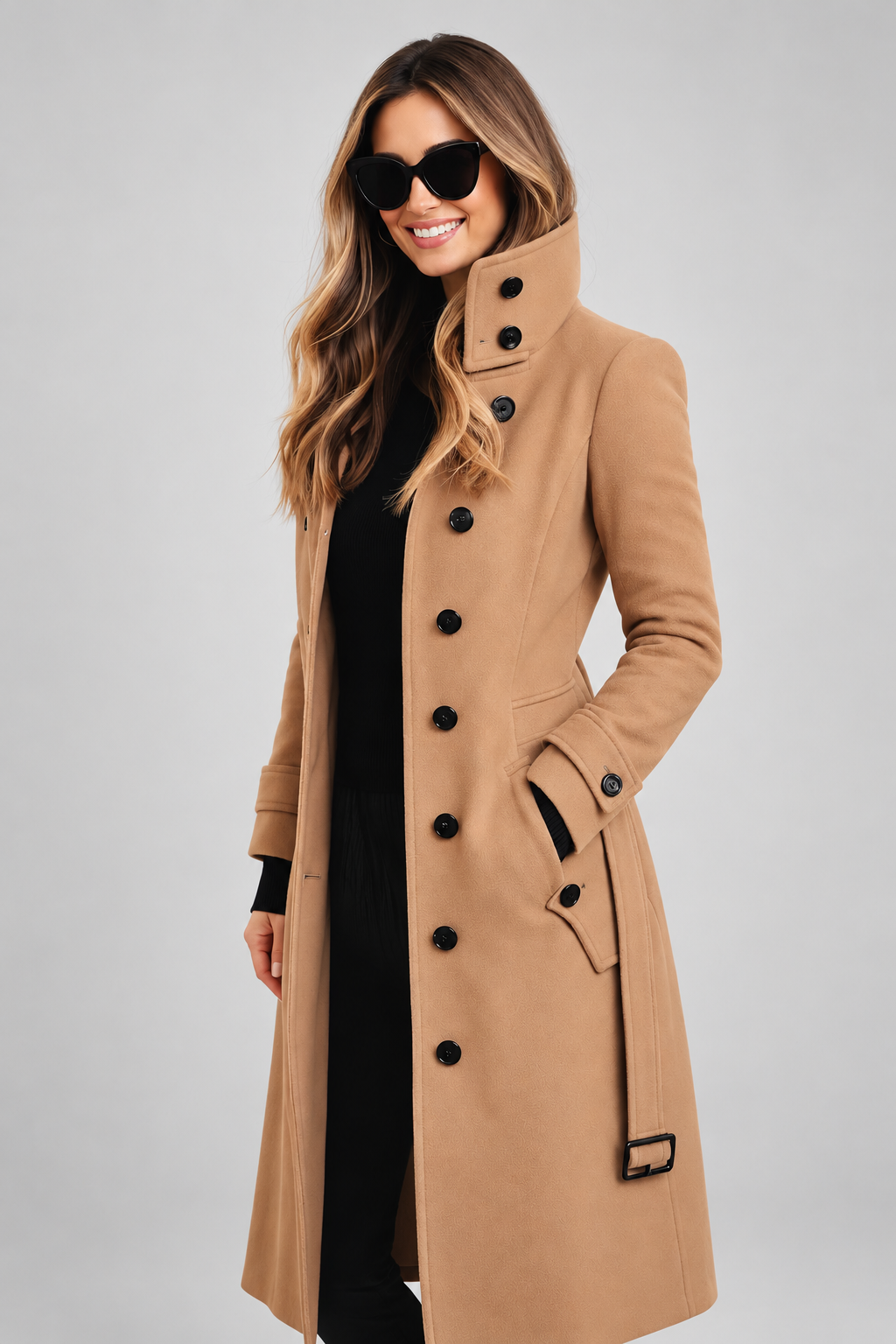 Manteau beige boutonné sur le devant, col montant et ceinture, porté par une femme sur fond gris 4