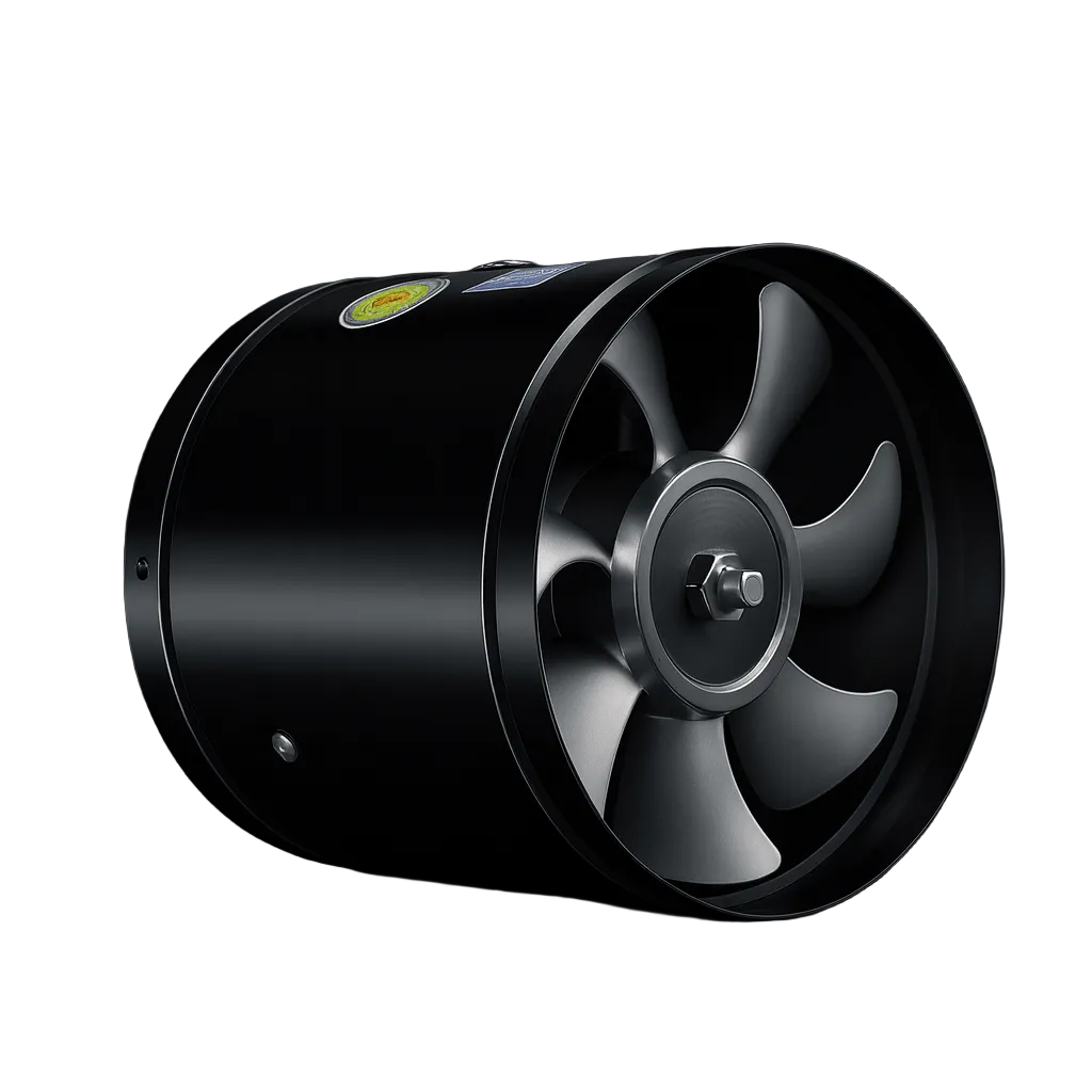 Ventilateur noir cylindrique vu de trois quarts, pales visibles, sur fond blanc uni 1