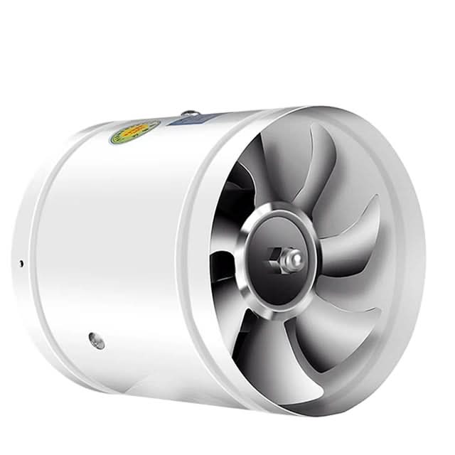 Ventilateur blanc cylindrique vu de trois quarts, avec ses pales argentées, sur fond blanc 8