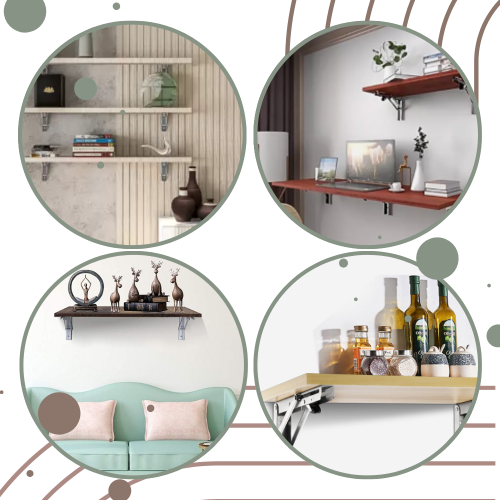 Quatre intérieurs avec étagères murales sur supports: salon, bureau, entrée et cuisine avec bocaux 3