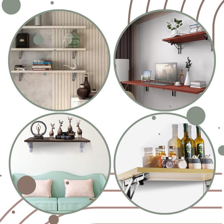Quatre intérieurs avec étagères murales sur supports: salon, bureau, entrée et cuisine avec bocaux 3