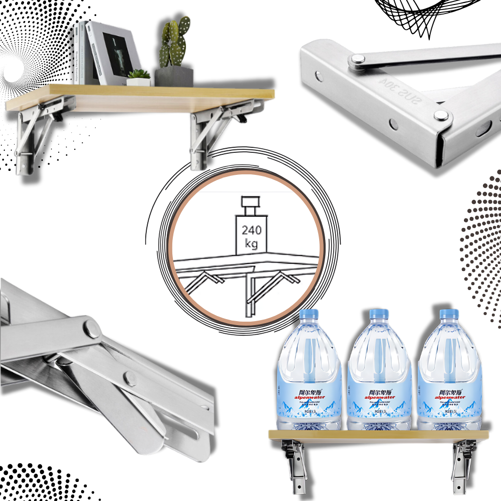 Montage de supports sous une étagère chargée, détails des articulations et schéma de charge de 240 kg 1