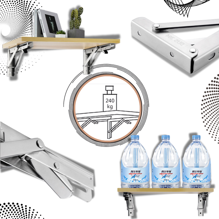 Montage de supports sous une étagère chargée, détails des articulations et schéma de charge de 240 kg 1