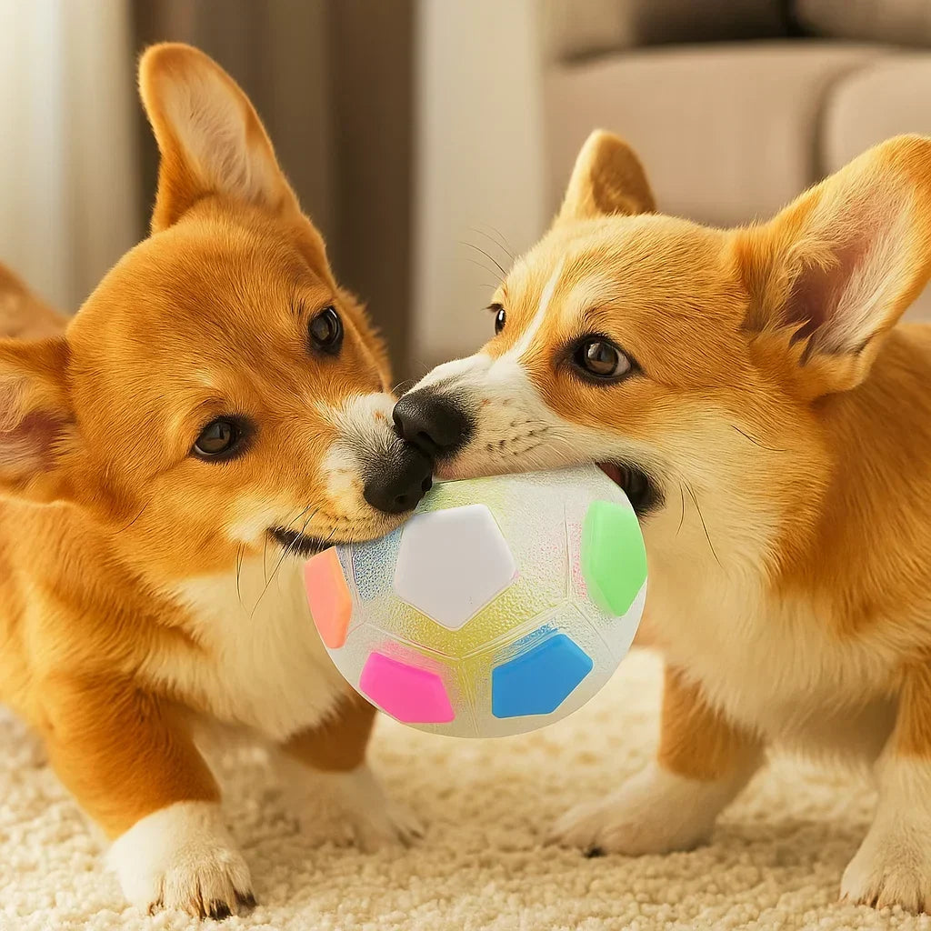 Deux corgis se disputent une balle claire translucide aux pastilles colorées sur un tapis blanc. 9