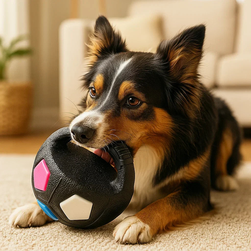 Chien noir et feu mordant fermement la balle noire par sa poignée, allongé sur un tapis dans un salon. 8