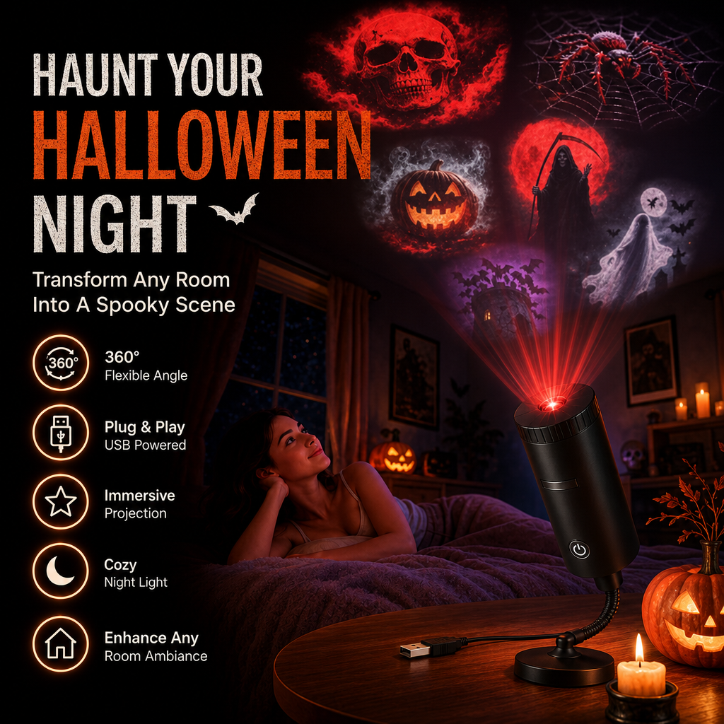 Jeune femme allongée sur un lit regardant les six scènes d'Halloween projetées au plafond par le projecteur posé sur une table. 3