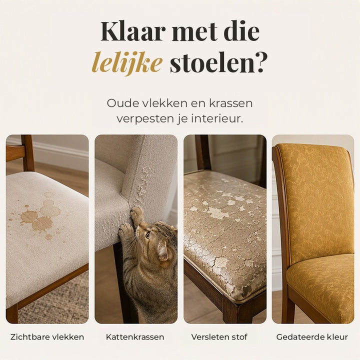 Quatre exemples de chaises abîmées: taches sur l'assise, griffures de chat, tissu usé et fauteuil jaune démodé. 2