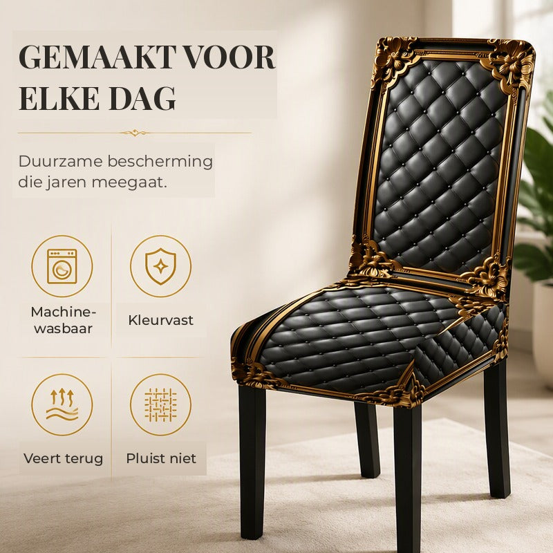 Chaise vue de trois quarts avec housse noire matelassée et ornements dorés, entourée de pictogrammes sur lavage et élasticité. 4