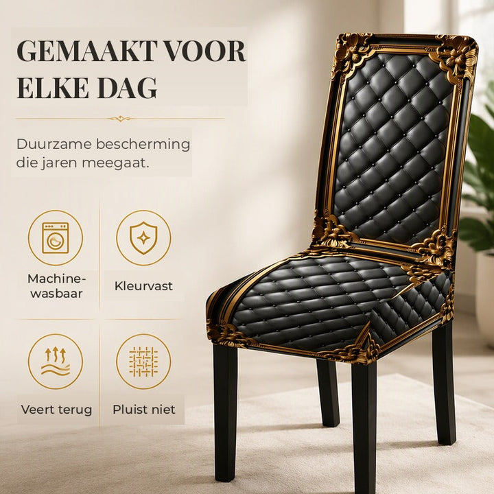 Chaise vue de trois quarts avec housse noire matelassée et ornements dorés, entourée de pictogrammes sur lavage et élasticité. 4