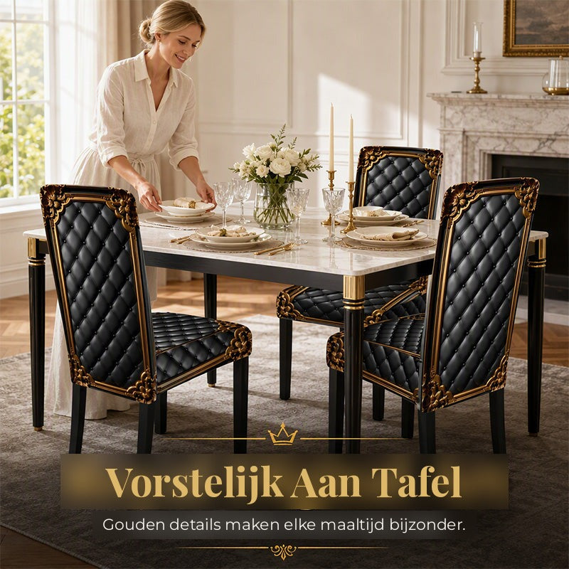 Femme dressant une table élégante avec assiettes et bougies, entourée de chaises aux housses noires matelassées et dorées. 5