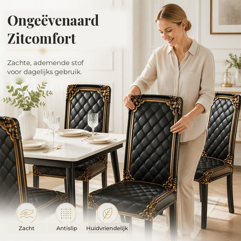 Femme souriante posant la main sur le dossier d'une chaise habillée d'une housse noire matelassée à motifs dorés, table dressée derrière. 6