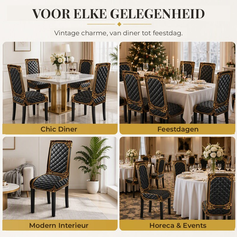 Quatre mises en scène des chaises à housse noire et dorée: dîner chic, fêtes de fin d'année, intérieur moderne, réception. 7
