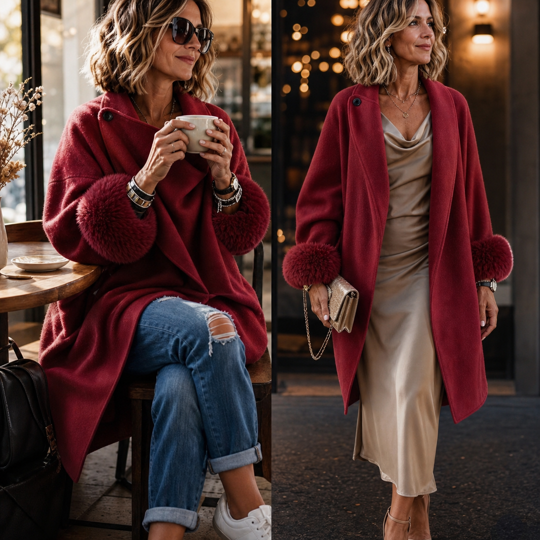 Deux tenues avec la veste rouge ouverte : décontractée avec jean au café, habillée avec robe satinée 11