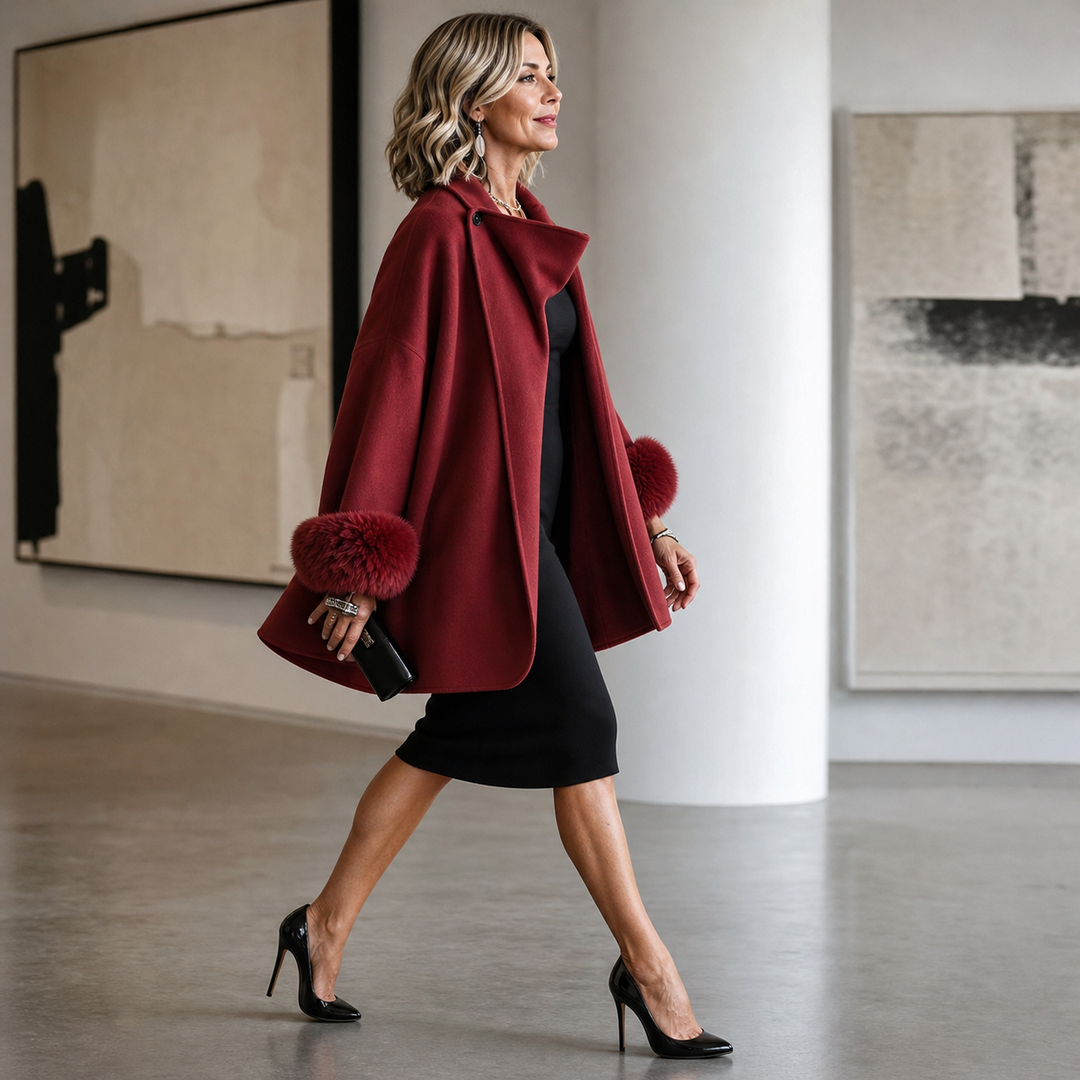 Veste rouge portée ouverte en cape sur une robe noire, avec escarpins, dans une galerie d'art 9