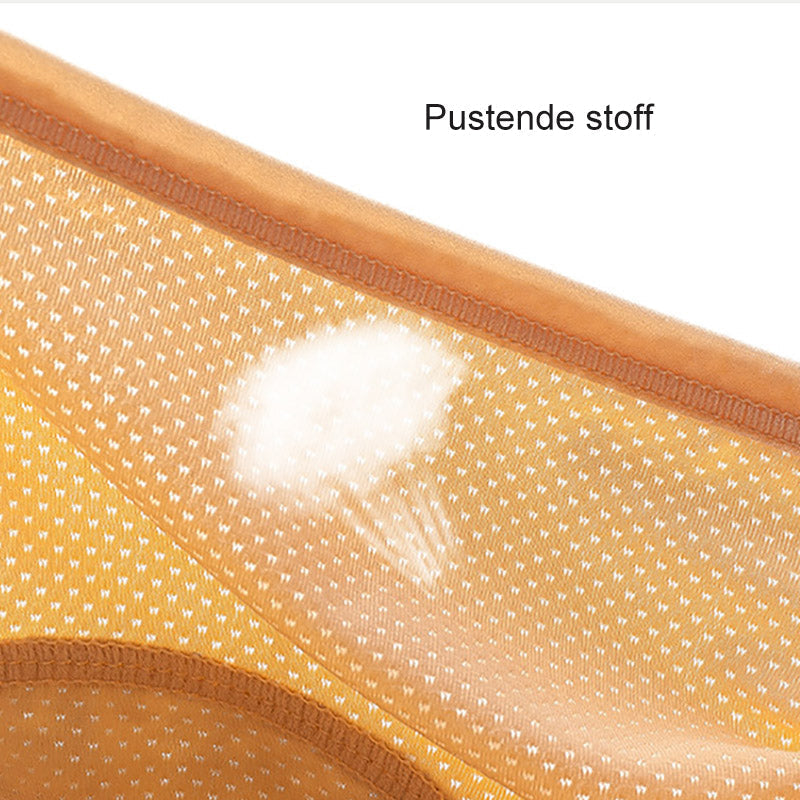 Gros plan sur l'intérieur d'une culotte orangée en tissu respirant à petits trous, avec schéma de circulation d'air. 10