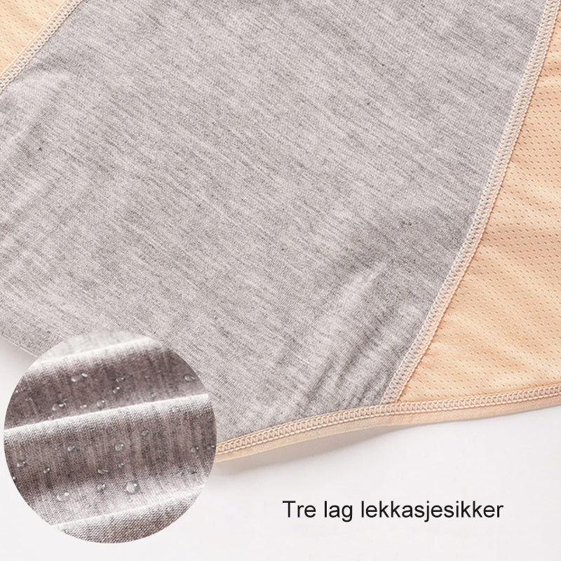 Gros plan sur le panneau absorbant gris d'une culotte beige, avec zoom en médaillon sur des gouttes d'eau perlant. 12