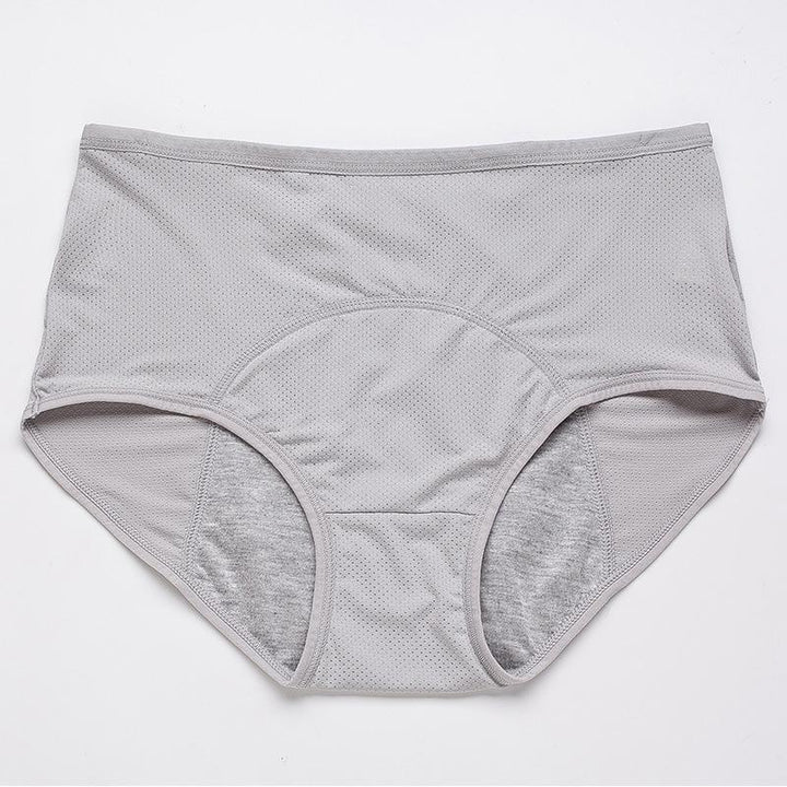Culotte gris clair taille haute posée à plat, avec panneau d'entrejambe arrondi et doublure grise absorbante. 15