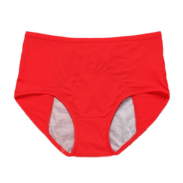 Culotte rouge vif taille haute posée à plat, avec empiècement d'entrejambe arrondi et doublure grise sur les côtés. 16
