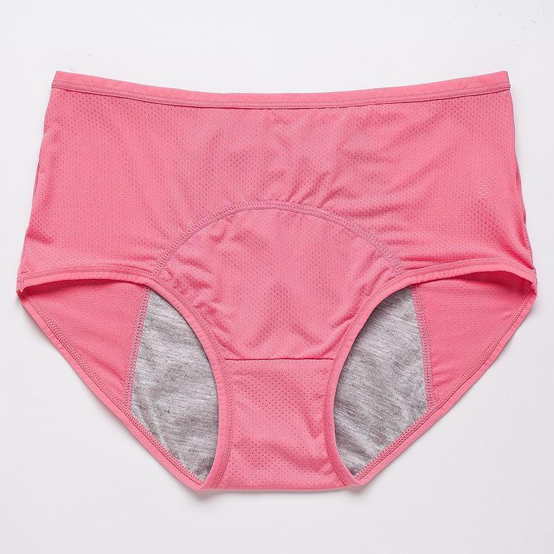Culotte rose corail taille haute posée à plat, avec maille aérée et doublure grise absorbante visible à l'entrejambe. 17