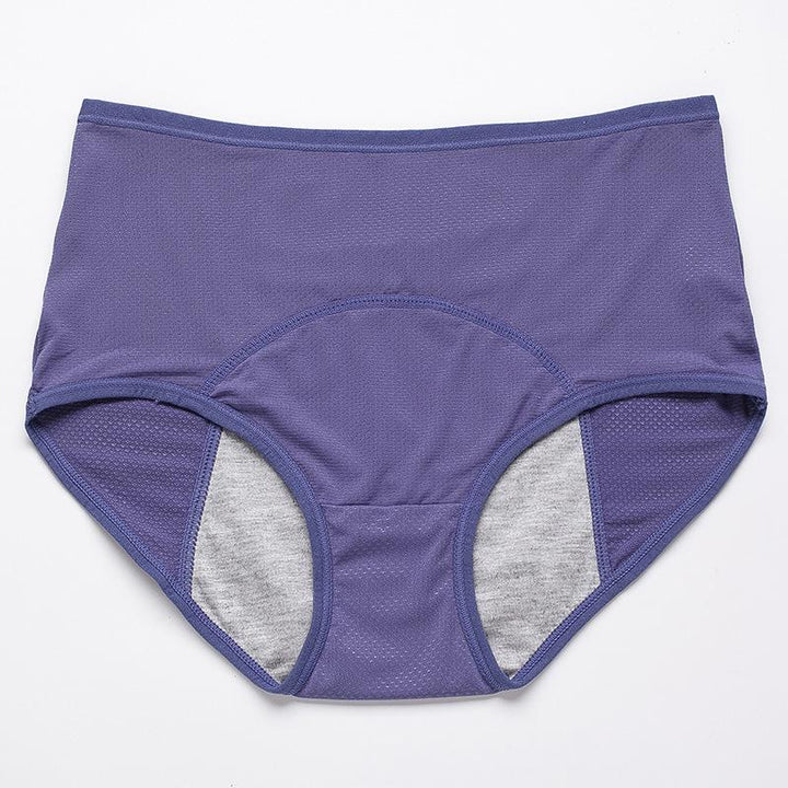 Culotte bleu violacé taille haute posée à plat, avec liseré de même couleur et doublure grise à l'entrejambe. 18