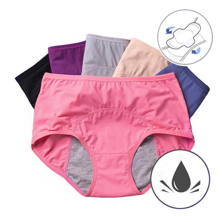Culotte rose au premier plan, avec cinq autres coloris en éventail derrière, et pictogrammes d'une serviette et d'une goutte. 2