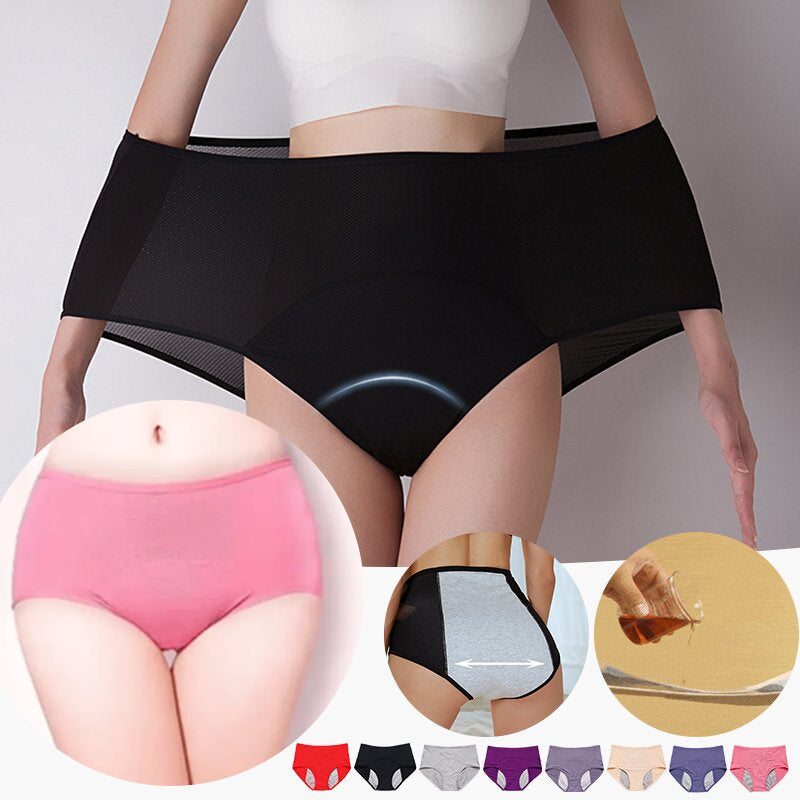 Montage d'une culotte noire étirée à deux mains, avec détails du tissu, test au liquide et huit coloris disponibles. 4